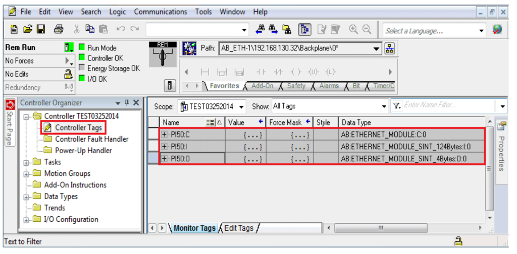 Screenshot of Controller Tags in RSLogix 5000